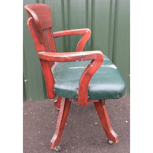 57 - The Janet Ellis Collection - 20th century Slat back swivel office chair with green leather seat, on ... 