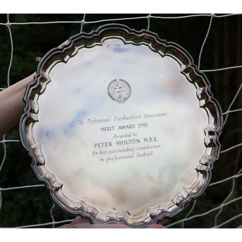 Peter Shilton Collection - PFA presentation silver circular tray with Chippendale border on four hoof feet, centre engraved 'The professional Footballers Association Merit Award 1990 Awarded to PETER SHILTON M. B. E. for his outstanding contribution to professional football' D30cm in original Mappin & Webb case