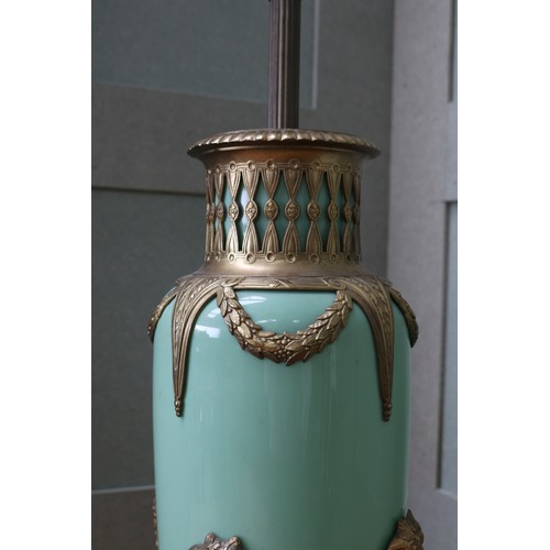  Neo-Classical jade opaline glass vase converted table lamp, attributed to WMF; in slender form, moun... 