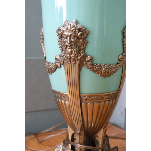  Neo-Classical jade opaline glass vase converted table lamp, attributed to WMF; in slender form, moun... 
