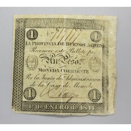 Argentina 1844 Un Peso banknote 'La Provincia De Buenos Aires Reconoce Este Billete por Un Peso Moneda Corriente Por la Junta de Administración del la Casa de Moneda'
Bradleys Shipping £30.00 plus vat (UK Only)