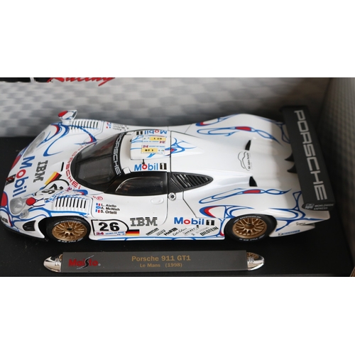 56 - Collection of 1/18 and 1/24 scale racing car models to include 5x boxed examples including 2x Merced... 