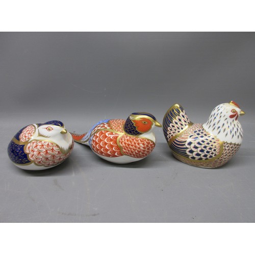  Three Crown Derby paperweights; finch with gold stopper; chicken with gold stopper; pheasant with go... 