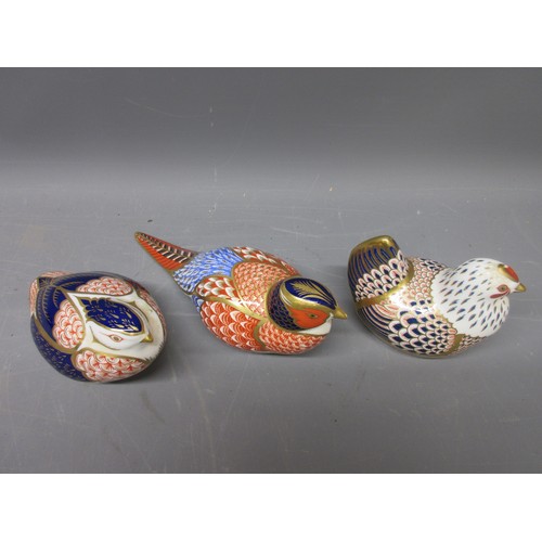  Three Crown Derby paperweights; finch with gold stopper; chicken with gold stopper; pheasant with go... 