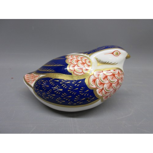  Three Crown Derby paperweights; finch with gold stopper; chicken with gold stopper; pheasant with go... 