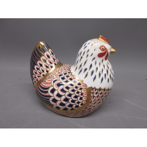  Three Crown Derby paperweights; finch with gold stopper; chicken with gold stopper; pheasant with go... 