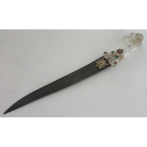 318 - Indo-Persian Khanjar with mughal 'pistol' shaped translucent crystal hilt with ram head, embellished... 