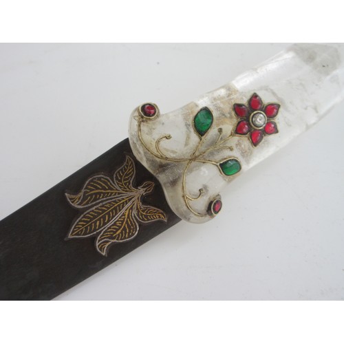 318 - Indo-Persian Khanjar with mughal 'pistol' shaped translucent crystal hilt with ram head, embellished... 
