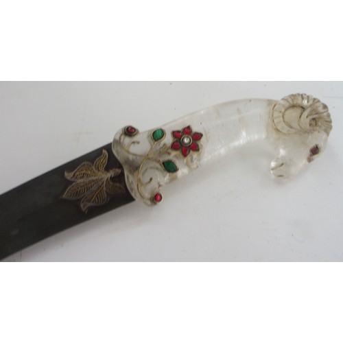 318 - Indo-Persian Khanjar with mughal 'pistol' shaped translucent crystal hilt with ram head, embellished... 