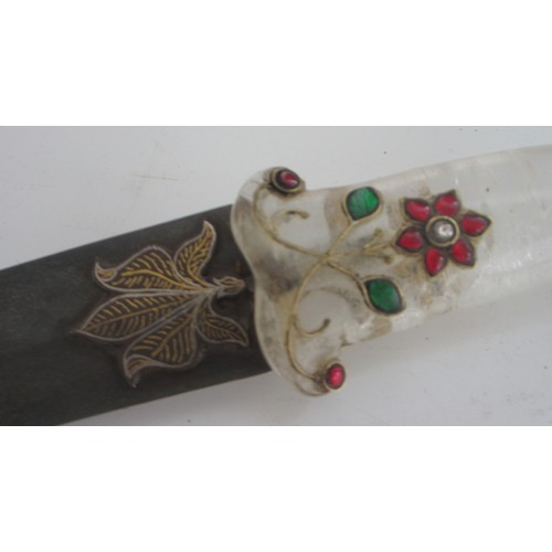 318 - Indo-Persian Khanjar with mughal 'pistol' shaped translucent crystal hilt with ram head, embellished... 