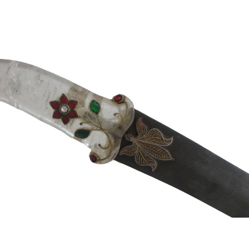 318 - Indo-Persian Khanjar with mughal 'pistol' shaped translucent crystal hilt with ram head, embellished... 