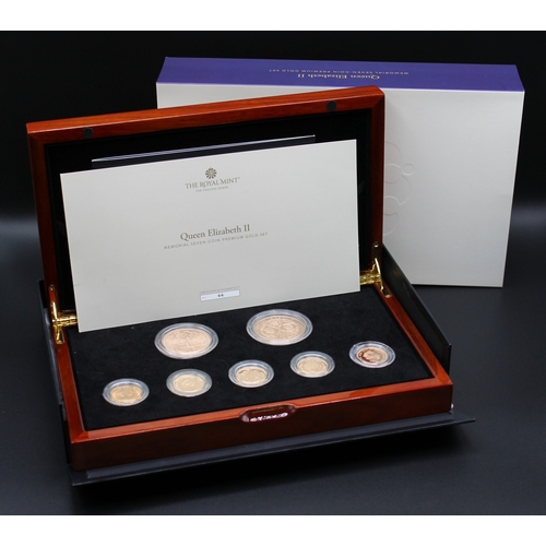 The Royal Mint - Queen Elizabeth II Memorial Seven-Coin Premium Gold Set No.44/50 comprising 2022 £5, 2022 Five-Sovereign Piece, 1968 Sovereign, 1980 Sovereign, 1986 Sovereign, 2007 Sovereign & 2020 Sovereign (with GR Privy mark), all encapsulated in case with COA
Bradleys Shipping £35.00 plus vat (UK Only)
