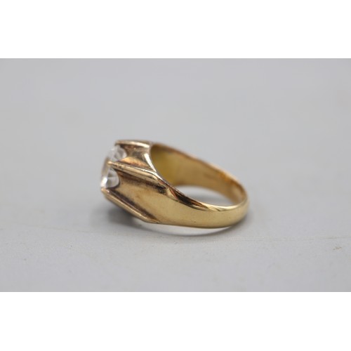 3 - Stamped 18ct yellow gold gypsy-set statement solitaire ring, comprised of one large central round br... 