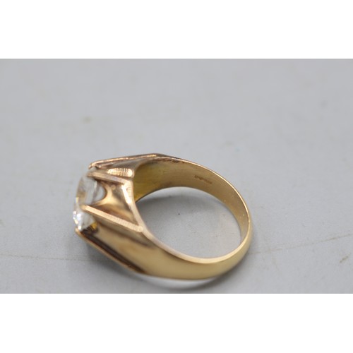 3 - Stamped 18ct yellow gold gypsy-set statement solitaire ring, comprised of one large central round br... 