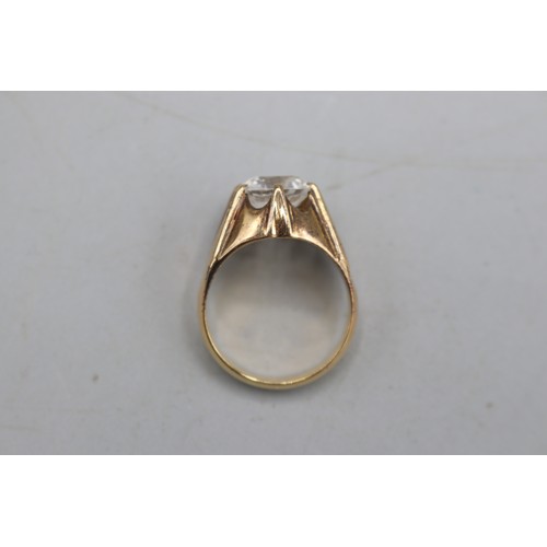 3 - Stamped 18ct yellow gold gypsy-set statement solitaire ring, comprised of one large central round br... 
