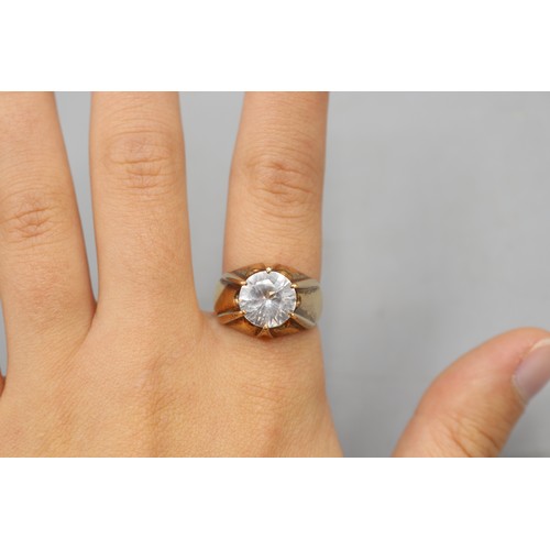 3 - Stamped 18ct yellow gold gypsy-set statement solitaire ring, comprised of one large central round br... 
