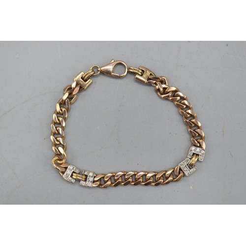 2 - Hallmarked 9ct rose gold diamond curb link bracelet, comprised of shaved curb link chain with two pa... 
