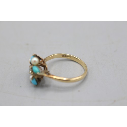 12 - Hallmarked 14ct yellow gold diamond, seed pearl and turquoise cocktail ring, comprised of one centra... 