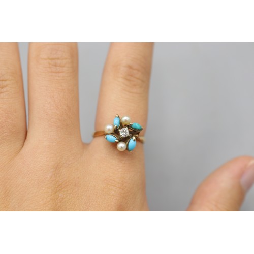 12 - Hallmarked 14ct yellow gold diamond, seed pearl and turquoise cocktail ring, comprised of one centra... 