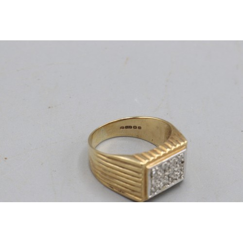 16 - Hallmarked 9ct yellow gold pavé diamond oblong-head signet ring, comprised of a grid of 12 pavé-set ... 