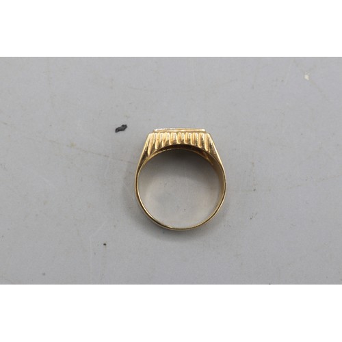 16 - Hallmarked 9ct yellow gold pavé diamond oblong-head signet ring, comprised of a grid of 12 pavé-set ... 