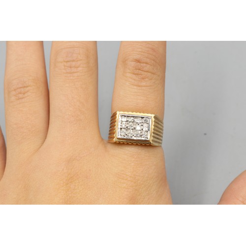 16 - Hallmarked 9ct yellow gold pavé diamond oblong-head signet ring, comprised of a grid of 12 pavé-set ... 