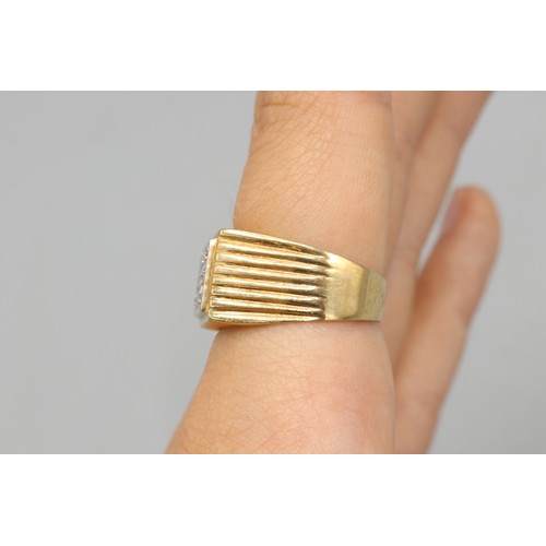16 - Hallmarked 9ct yellow gold pavé diamond oblong-head signet ring, comprised of a grid of 12 pavé-set ... 