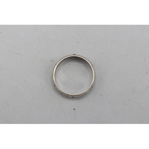 50 - Hallmarked 9ct white gold diamond cut blue and white stone band ring, comprised of alternating round... 