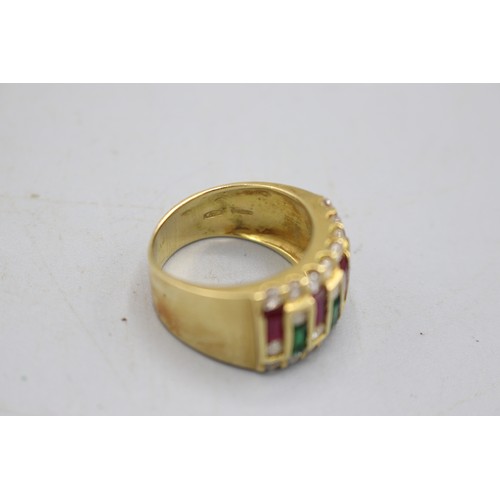 17 - Stamped, XRF tested as 18ct yellow gold, cubic zirconia, red and green gemstone cocktail ring, compr... 