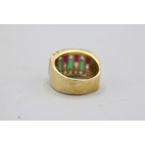 17 - Stamped, XRF tested as 18ct yellow gold, cubic zirconia, red and green gemstone cocktail ring, compr... 
