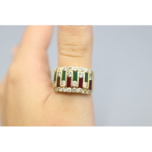 17 - Stamped, XRF tested as 18ct yellow gold, cubic zirconia, red and green gemstone cocktail ring, compr... 