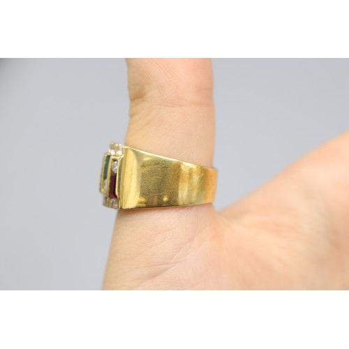 17 - Stamped, XRF tested as 18ct yellow gold, cubic zirconia, red and green gemstone cocktail ring, compr... 