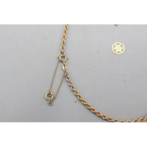 37 - Mixed lot of gold comprised of a hallmarked 9ct yellow, white and rose gold ombré rope link chain, b... 
