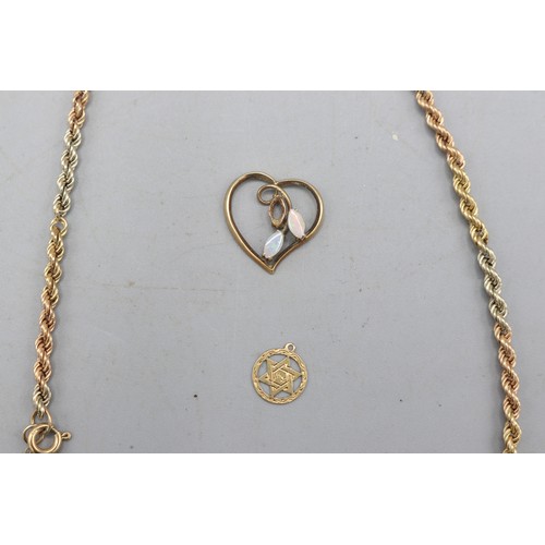 37 - Mixed lot of gold comprised of a hallmarked 9ct yellow, white and rose gold ombré rope link chain, b... 