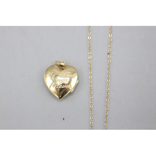 42 - 9ct yellow gold pendants, comprised of a hallmarked 9ct yellow gold heart locket with small pavé sta... 