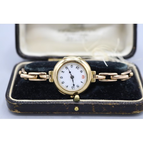 Swiss retailed by H.L. Brown, Sheffield and London, ladies 18ct gold wristwatch on Britannic 15ct gold expanding bracelet, white porcelain Arabic dial with red '12', hinged back no. 311297, G.S. London Import Mark 1919, Swiss Made movement, ratchet wheel  engraved with the retailer, gross weight 23.2g, D26.6mm with original retailer's box
Bradleys Shipping £30.00 plus vat (UK Only)