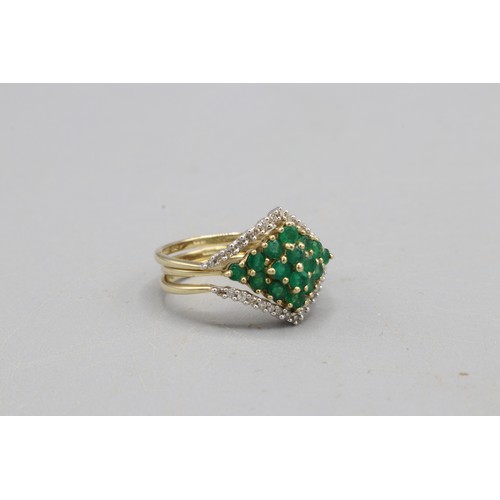 47 - Set of three hallmarked 9ct yellow gold rings, comprised of one diamond shaped head created emerald ... 