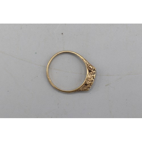57 - Hallmarked 9ct yellow gold cubic zirconia boat head trilogy ring, comprised of three round brilliant... 