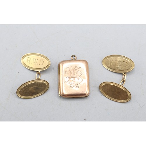 26 - Mixed lot comprising a pair of hallmarked 9ct yellow gold oval-panel cufflinks with 