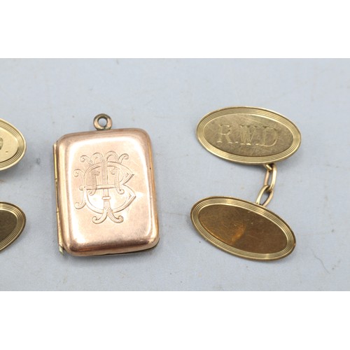 26 - Mixed lot comprising a pair of hallmarked 9ct yellow gold oval-panel cufflinks with 