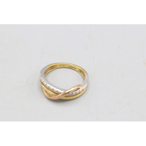 54 - Hallmarked 9ct yellow gold diamond three-tone crossover eternity ring, comprising three interwoven b... 
