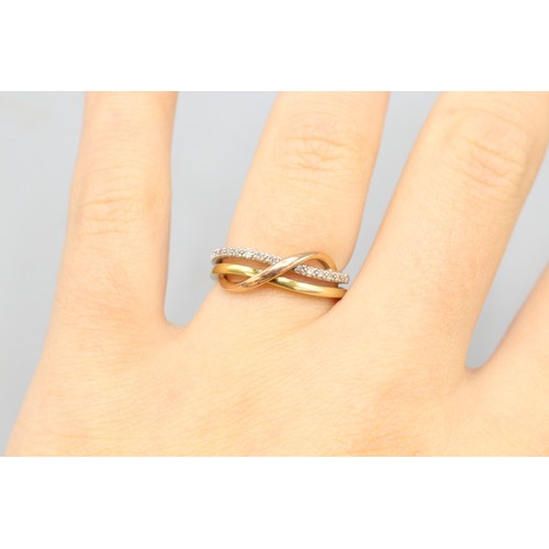 54 - Hallmarked 9ct yellow gold diamond three-tone crossover eternity ring, comprising three interwoven b... 