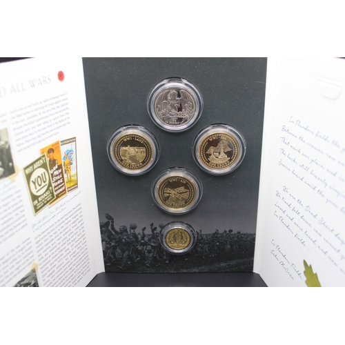 28 - The London Mint Office -A War To End All Wars 5 coin set to inc. 9ct 10g coin (XRF tested) lacking a... 