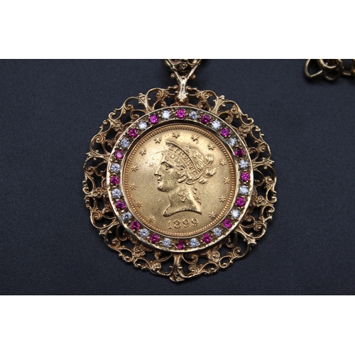 33 - USA 1899 Ten Dollar coin in 9ct hallmarked mount with white & pink gemstones, with a 9ct hallmarked ... 
