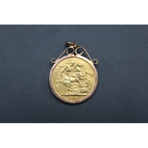 8 - George V (1910-1936) 1914 Sovereign, in 9ct stamped mount (9g)
Bradleys shipping £22.00 plus vat (UK... 