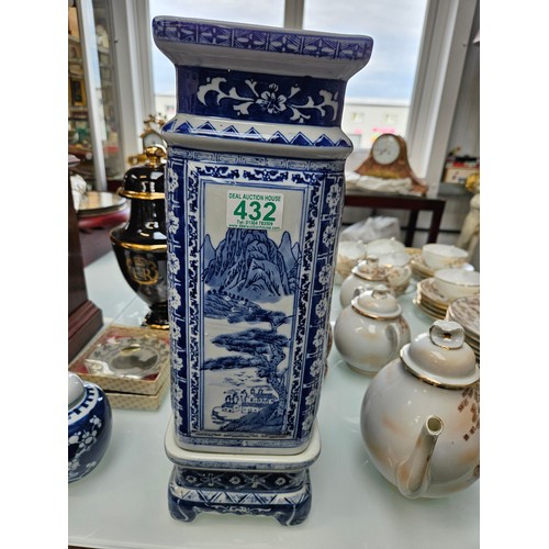 432 - Large oriental blue and white vase on stand 
42cm high (with stand) x 14cm wide