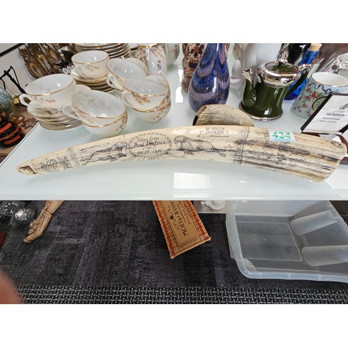 434 - 2 x large scrimshaw style engraved reproduction walrus tusk 

Large - 57cm long 
Small - 14cm