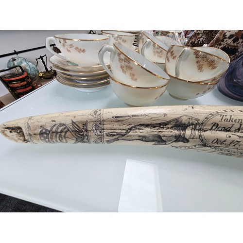 434 - 2 x large scrimshaw style engraved reproduction walrus tusk 

Large - 57cm long 
Small - 14cm