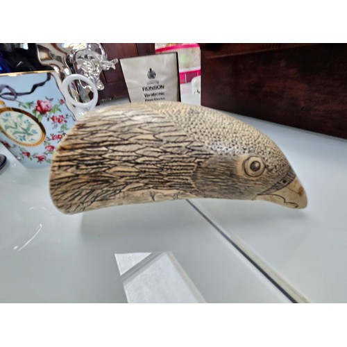 434 - 2 x large scrimshaw style engraved reproduction walrus tusk 

Large - 57cm long 
Small - 14cm