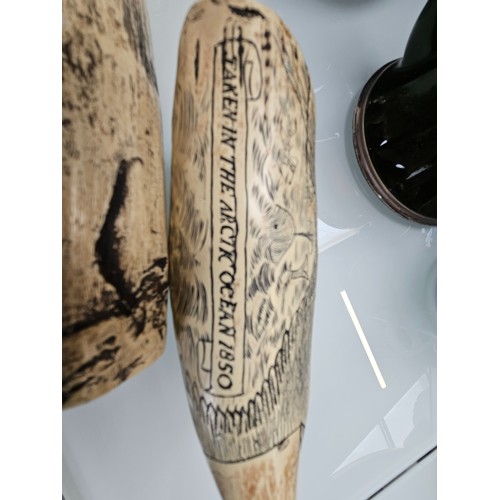 434 - 2 x large scrimshaw style engraved reproduction walrus tusk 

Large - 57cm long 
Small - 14cm